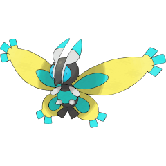 A yellow moth with blue markings